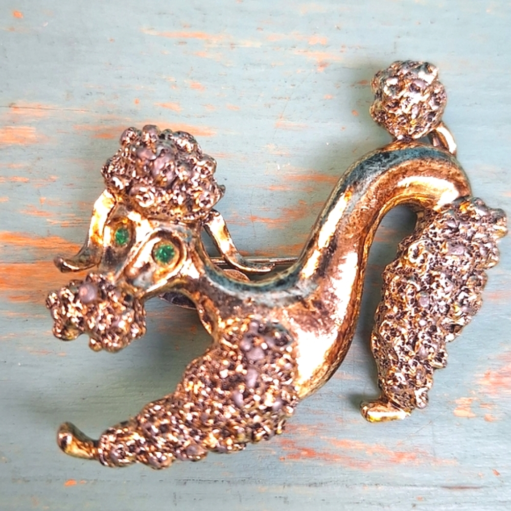Vintage Dog Poodle Pin Green Gemstone Eyes Gold Metal Brooch Pooch Pins